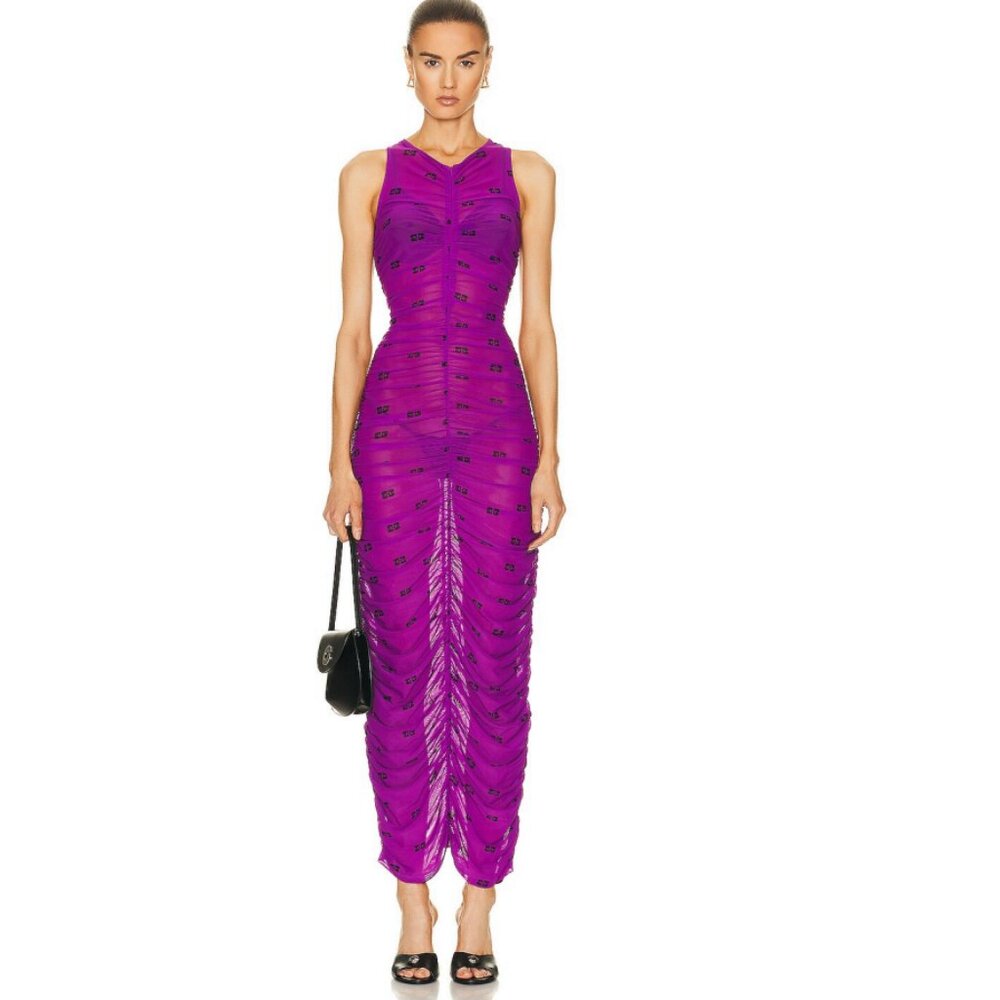 GANNI Printed Ruched Mesh Midi Dress Sparkling Grape NWTSize EU 32/ US XS